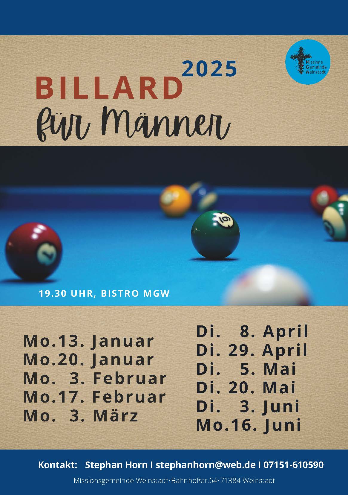 Billard für Männer am 5. Mai um 19:30 Uhr – Herzlich willkommen!