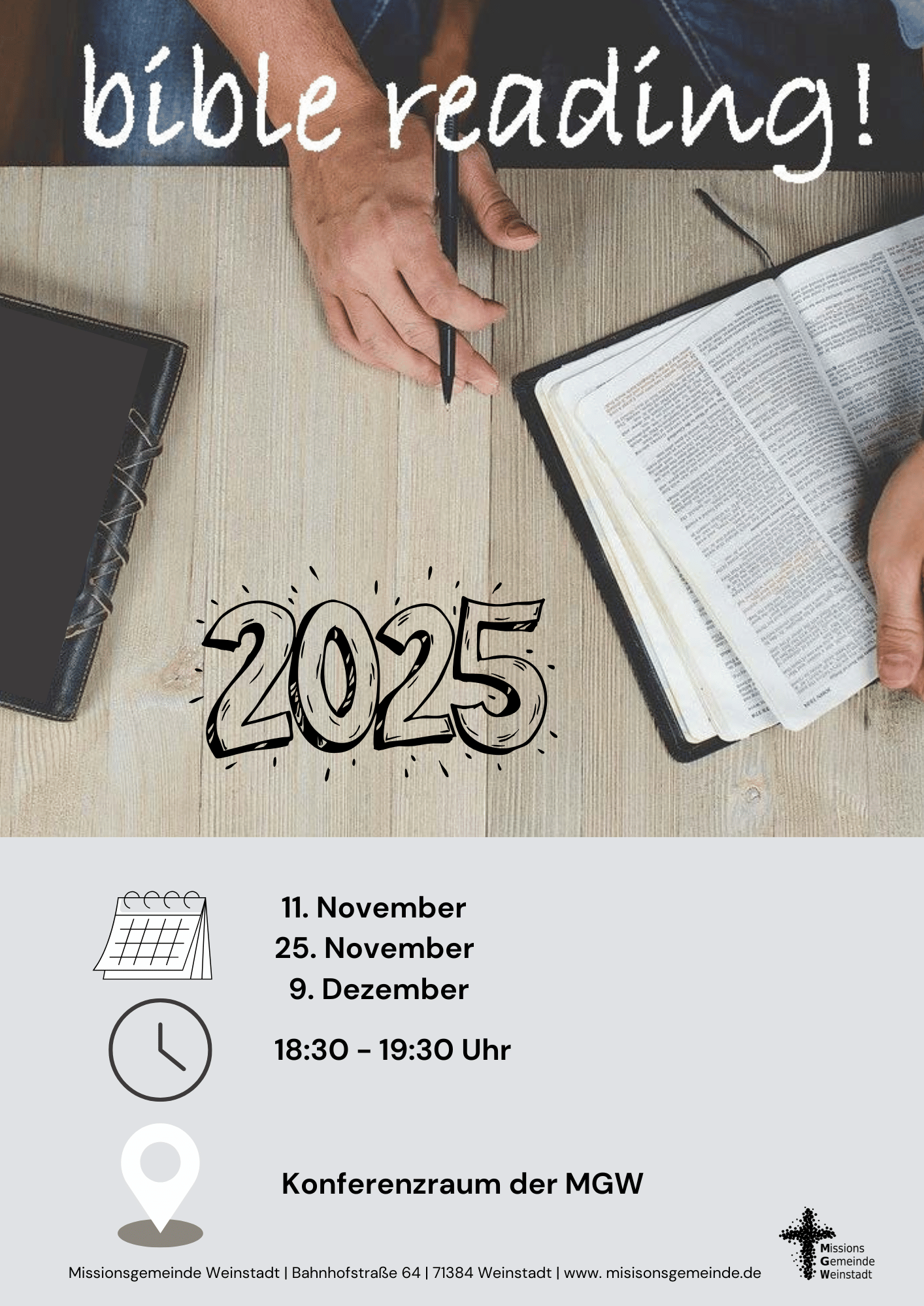 bible reading – Wir lesen gemeinsam in der Bibel am Di. 11. November 2025 um 18:30 Uhr – Herzlich willkommen!