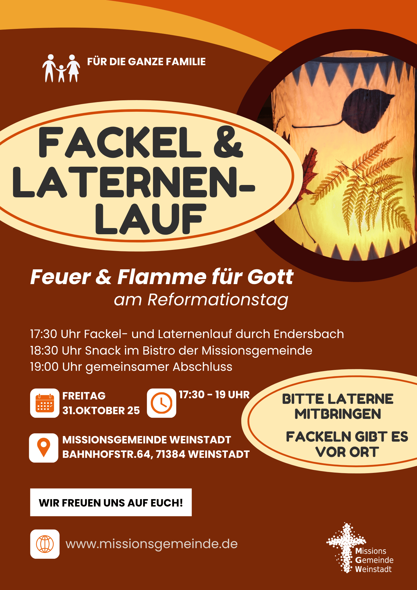Fackel & Laternenlauf für die ganze Familie am Fr. 31. Oktober 2025, 17:30 – 19:00 Uhr. Alle sind herzlich eingeladen!