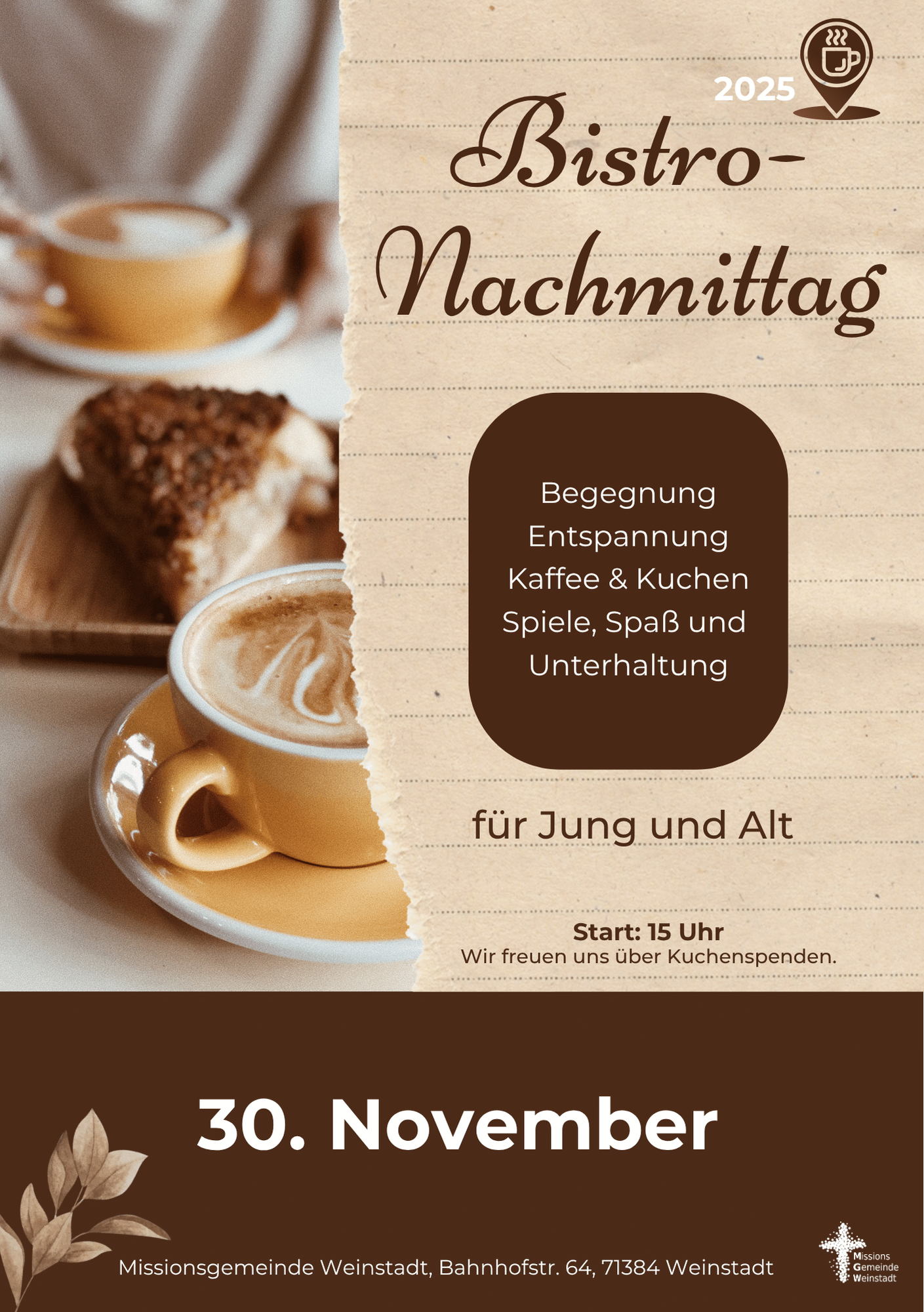 Bistro-Nachmittag am So. 30. November 2025, 15:00 Uhr. Herzliche Einladung!