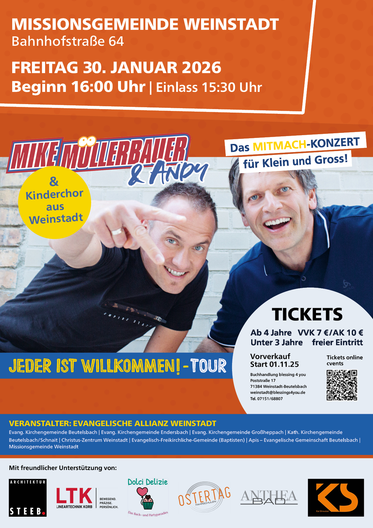 Mike Müllerbauer & Andy Jeder ist willkommen-Tour am Fr. 30. Januar 2026, 16:00 Uhr. Herzliche Einladung zum Mitmach-Konzert für Klein und Gross!