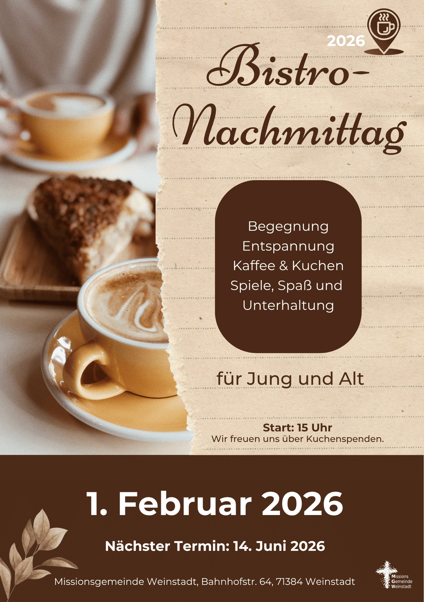 Bistro-Nachmittag am So. 1. Februar 2026, 15:00 Uhr. Herzliche Einladung!