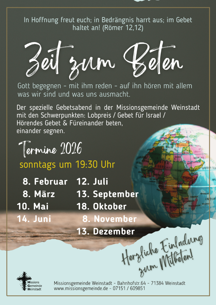 „Zeit zum Beten“ findet am So. 8. Februar 2026 um 19:30 Uhr statt – du bist herzlich willkommen!