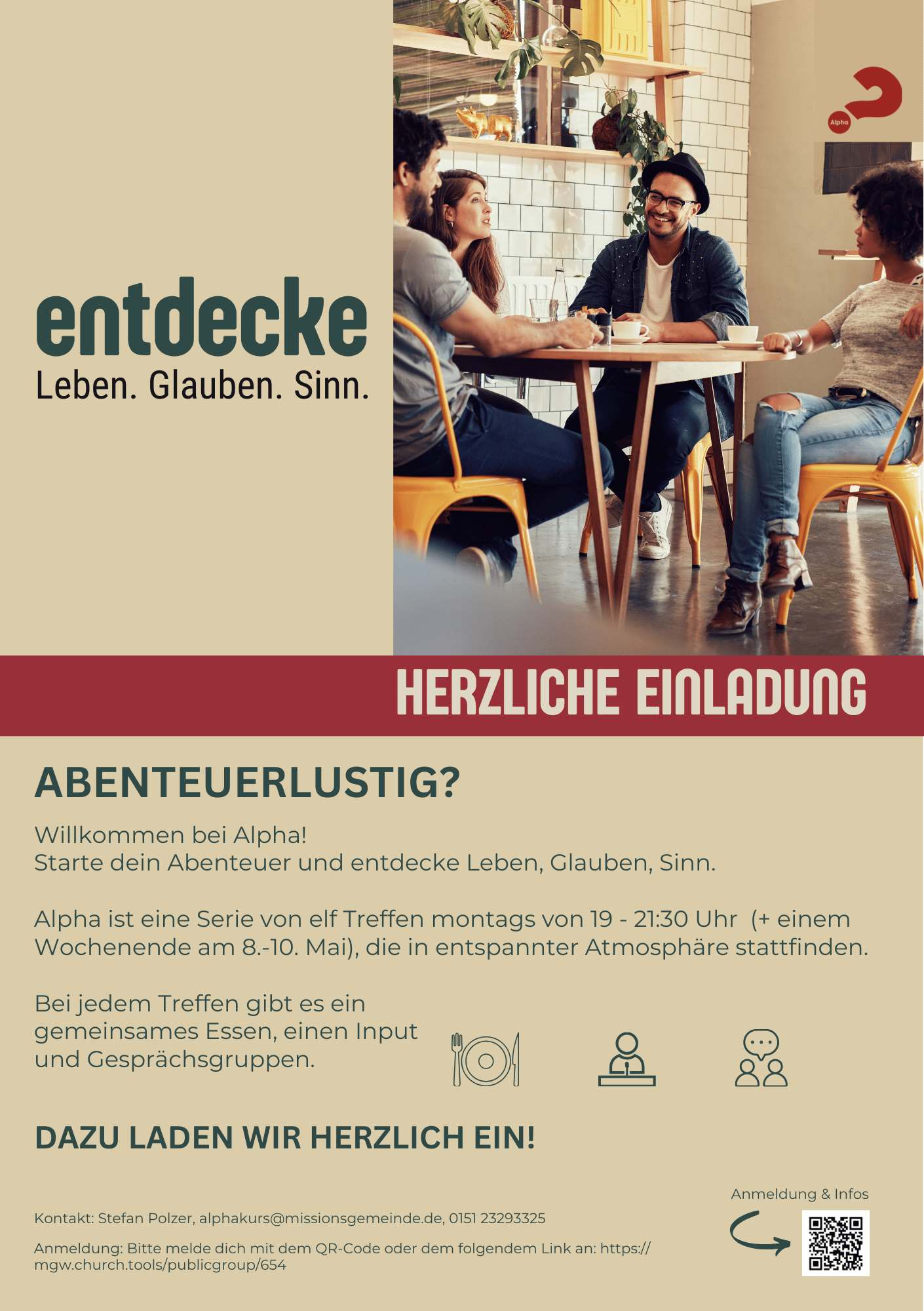 Alpha – der Kurs für Sinnsucher. Startparty am Di. 10. März 2026 um 19:00 Uhr.