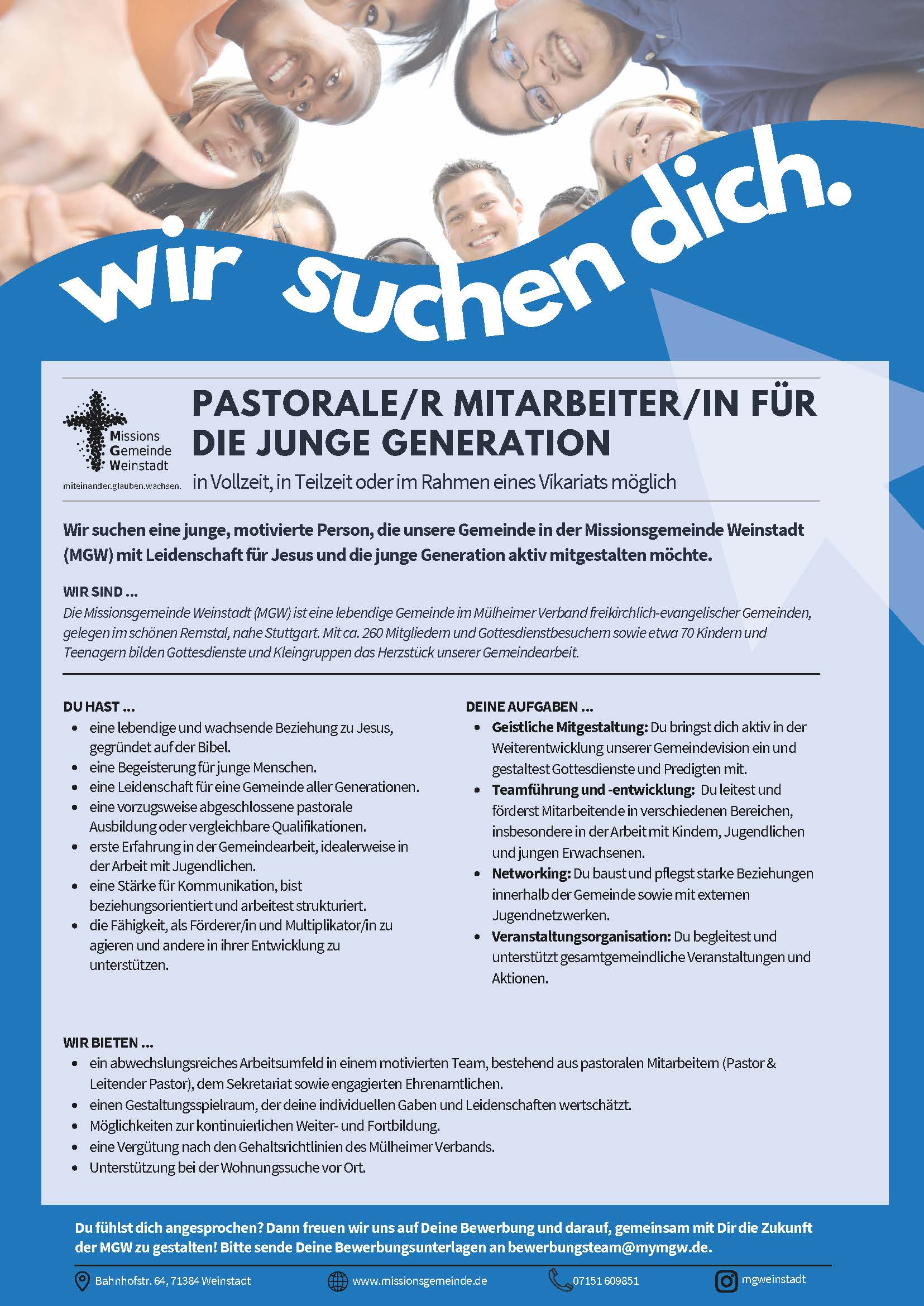 Wir suchen Dich: Pastorale/r Mitarbeiter/in für die junge Generation.