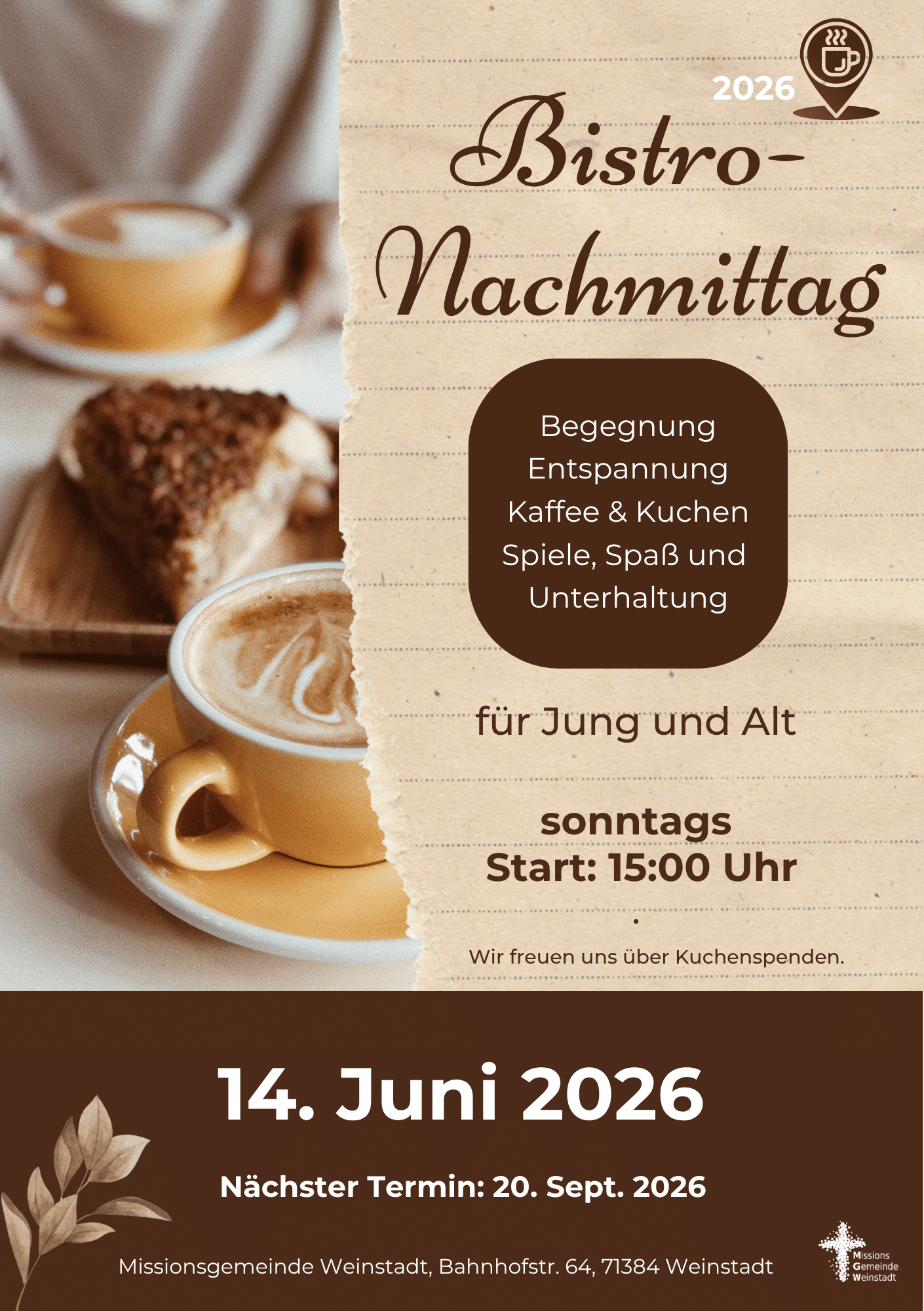 Bistro-Nachmittag am So. 14. Juni2026, 15:00 Uhr. Herzliche Einladung!