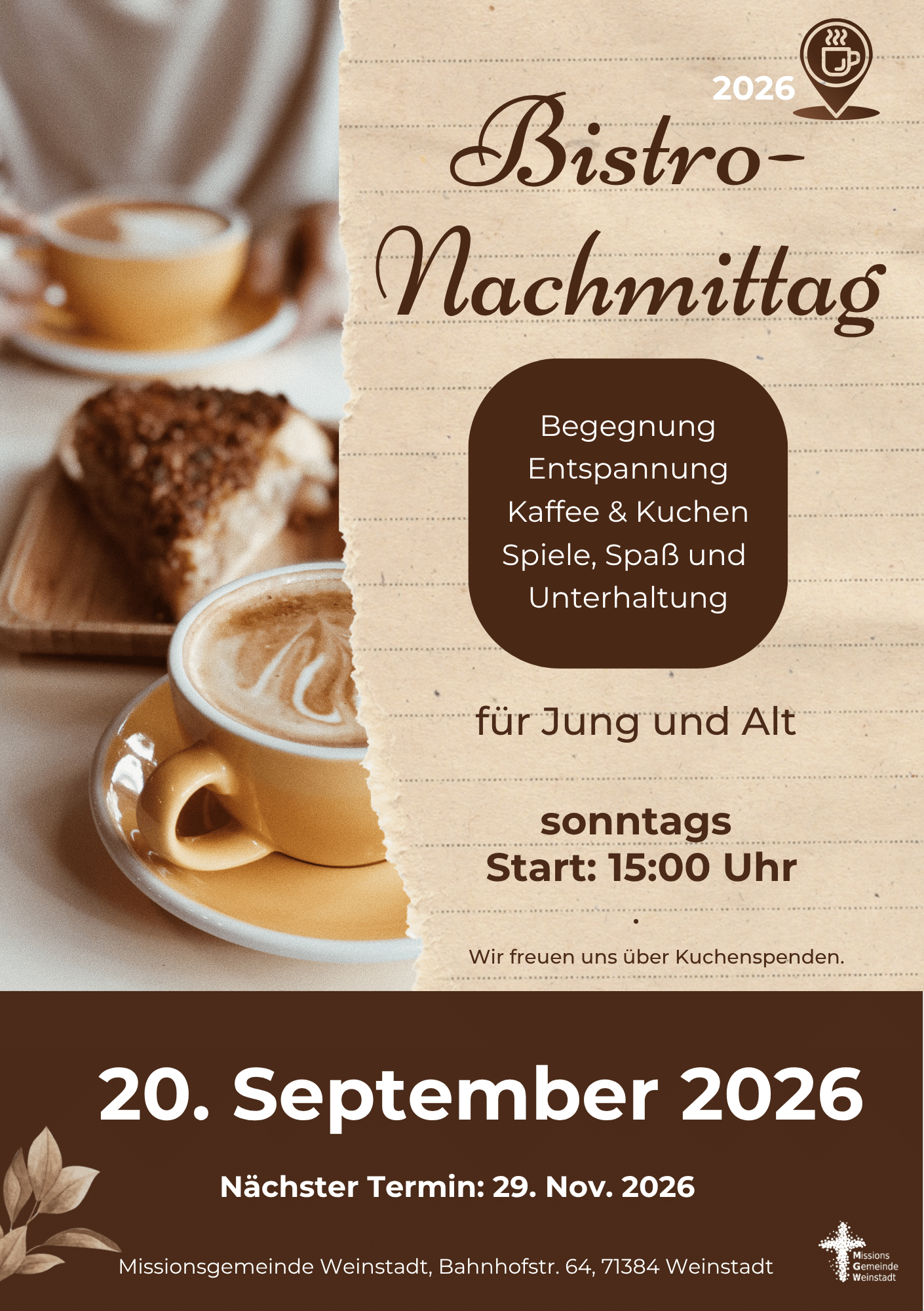 Bistro-Nachmittag am So. 20. September 2026, 15:00 Uhr. Herzliche Einladung!