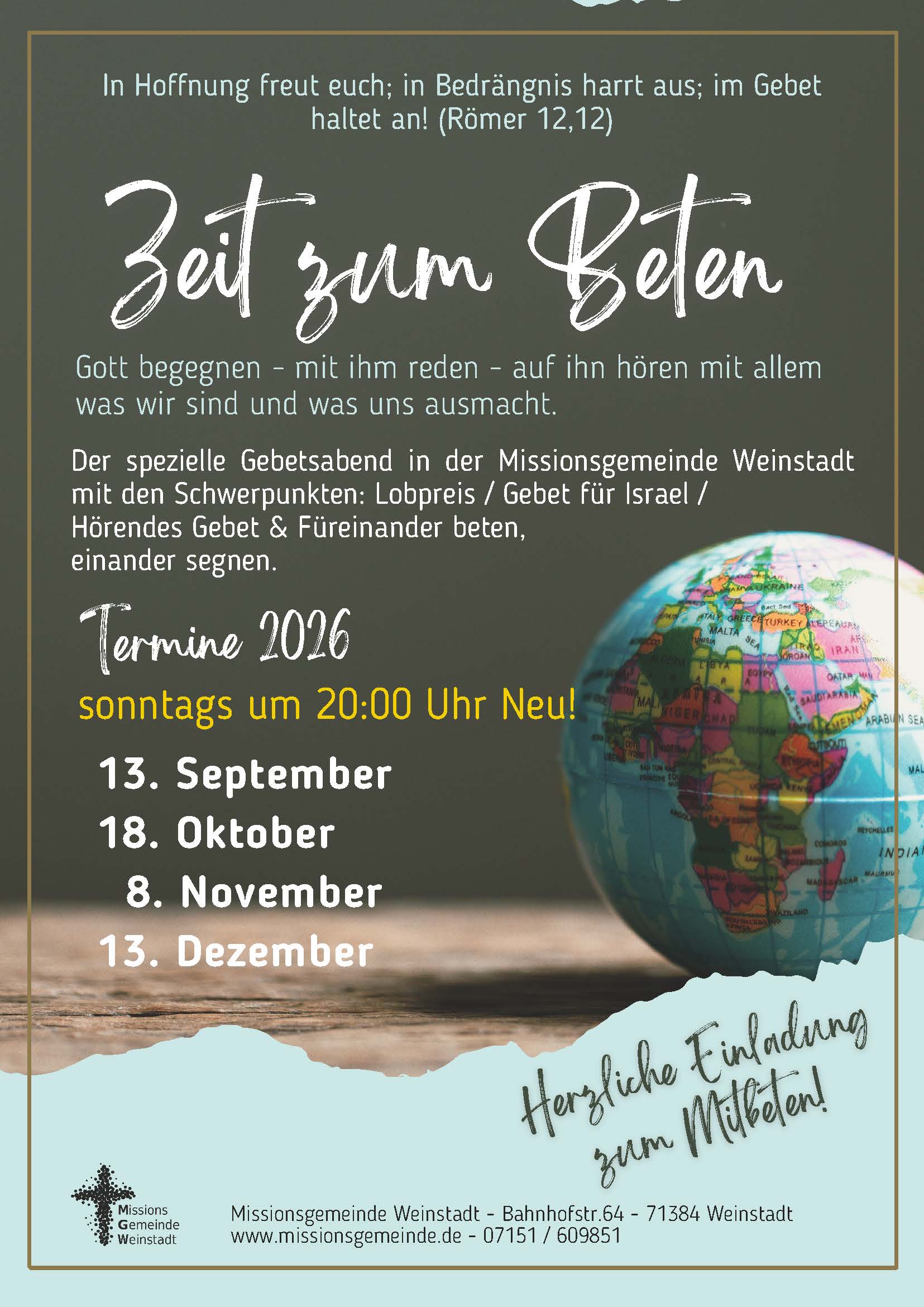 „Zeit zum Beten“ findet am So. 13. September 2026 um 20:00 Uhr statt – du bist herzlich willkommen!