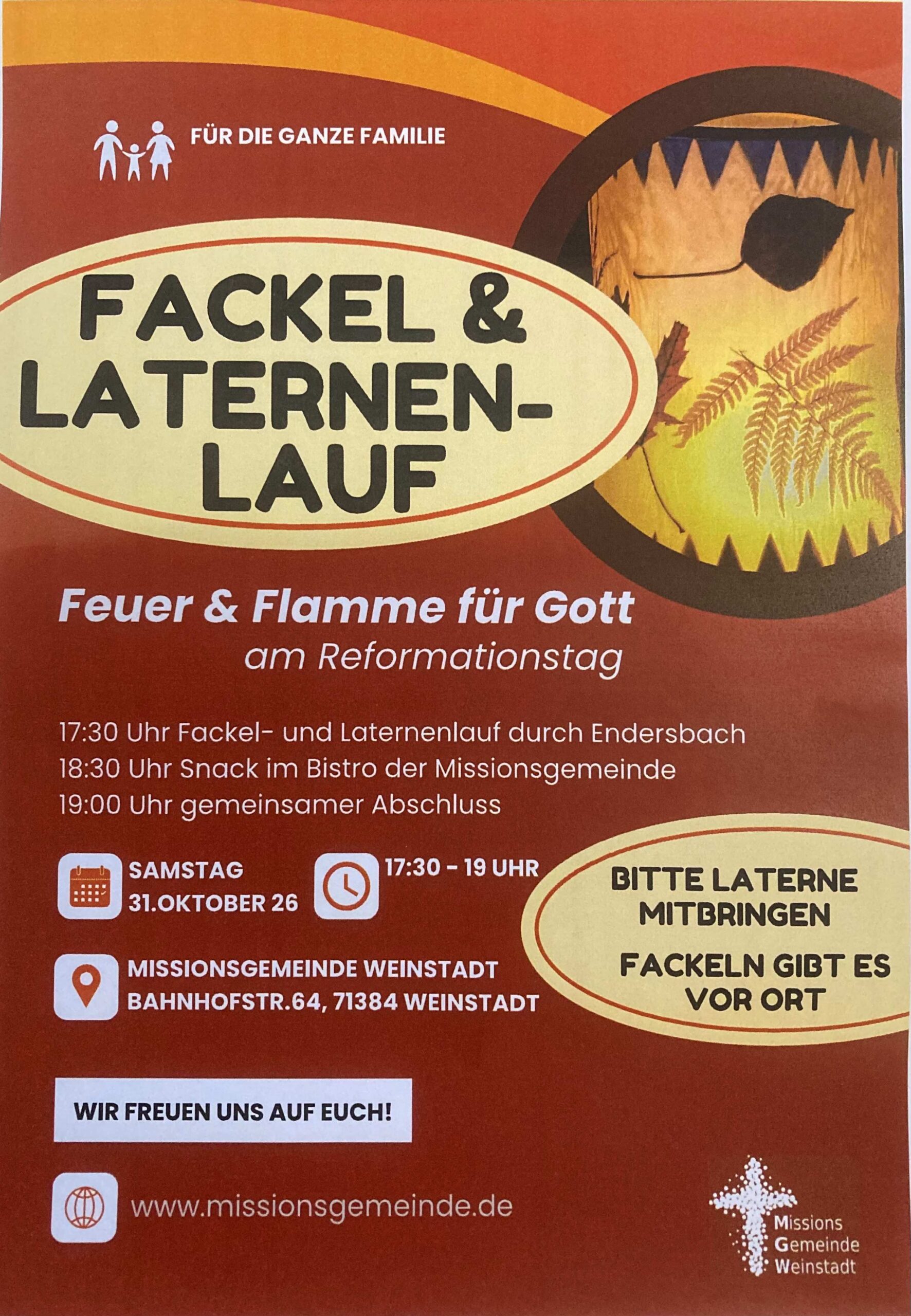 Fackel & Laternenlauf für die ganze Familie am Sa. 31. Oktober 2026, 17:30 – 19:00 Uhr. Alle sind herzlich eingeladen!